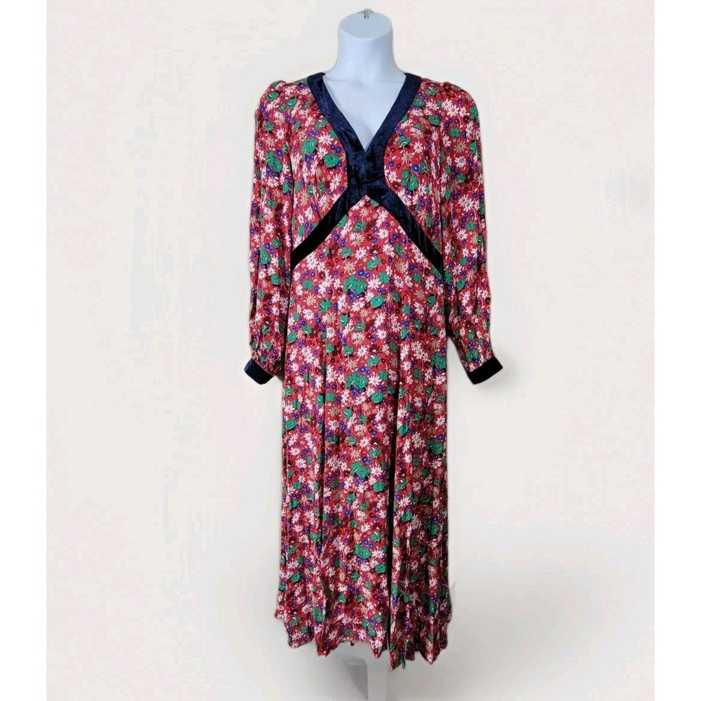 Boden Maxi Tea‎ Dress Womens 12R Multi Floral Velvet Trim Long Sleeve Pullover